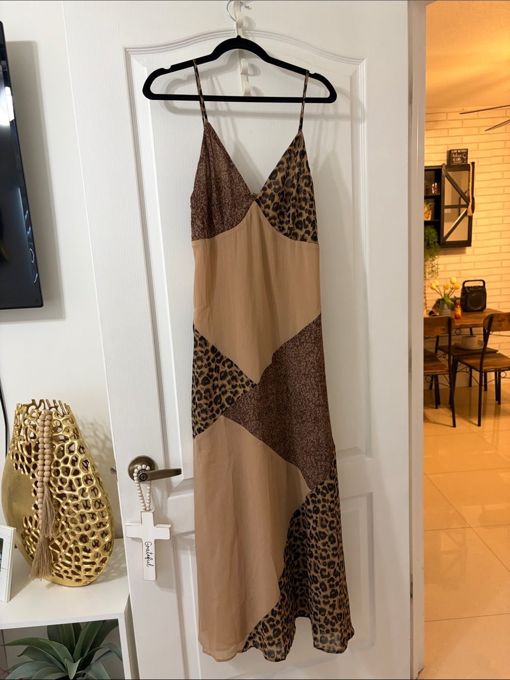 Sleeveless Leopard Patchwork Maxi Dress - Beige/Brown